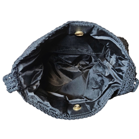 Vintage Black Macrame Purse Handmade Fringe Architectural Bag Boho Chic - Picture 6 of 11